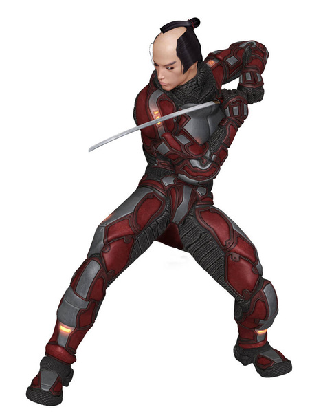 Ilustrace futuristického samurajského válečníka science fiction v ochranném skafandru, stojícího s mečem v ruce a připraveného k útoku, 3D digitální ilustrace - Fotografie, Obrázek