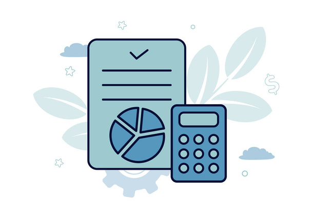 Finance. Vector illustration of accounting. A document with a diagram, a calculator on it, against a background of leaves, clouds, stars. - Vector, Image