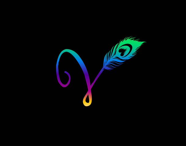 Único V Carta decorada con exótica pluma de pavo real.  - Vector, imagen
