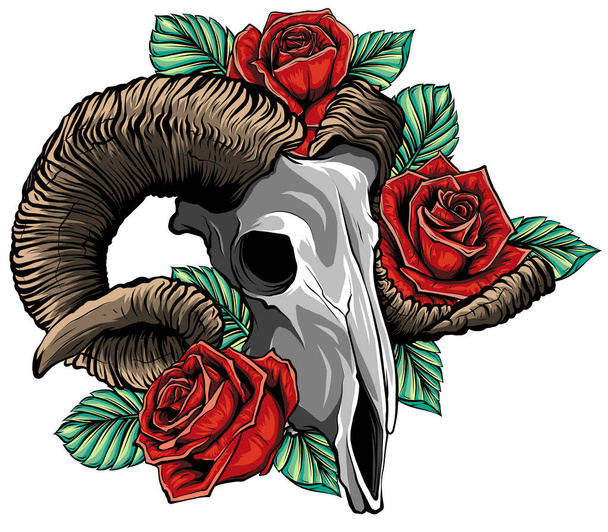 απεικόνιση φορέα κρανίο κατσίκας. κατσίκα διαβολικό μαγικό σύμβολο και λουλούδια παιώνιες και τριαντάφυλλα - Διάνυσμα, εικόνα