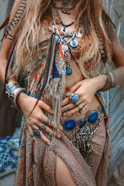 beautiful young gypsy style woman close up portrait  - Foto, Imagem