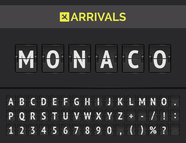 Ilustración vectorial del marcador mecánico de llegadas. Concepto de banner para el vuelo a Mónaco en Europa. - Vector, imagen