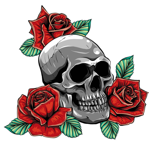 Skull with flowers, with roses. Drawing by hand. Illustration - Vetor, Imagem