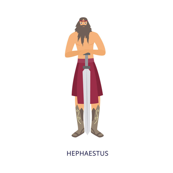 Greek God Hephaestus - cartoon man with blacksmith clothing and sword - Vector, Image