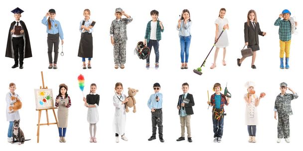 Collage with little children in uniforms of different professions on white background - Photo, Image