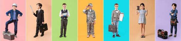 Collage with little children in uniforms of different professions on color background - Photo, Image