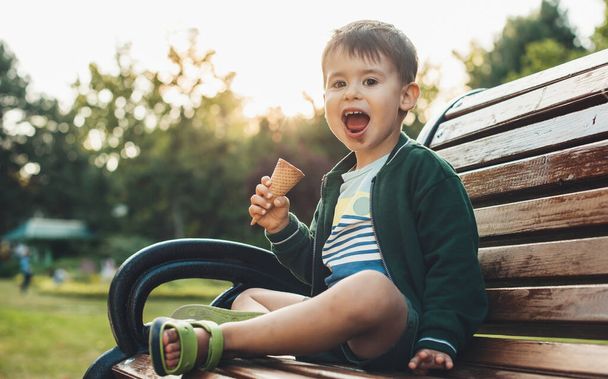 公園のベンチに座っている白人の少年は、汚れた口でカメラでアイスクリームと笑顔を食べています - 写真・画像