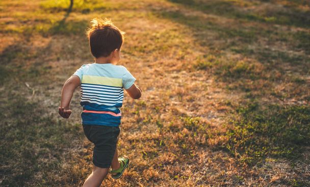 Caucasian small boy running in a field during a summer evening in the country side - Foto, Imagen
