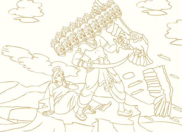 Kresba nebo náčrt deseti hlavé Ravana řezání Jatayu nebo Eagle Wings v ramayské osnovy upravitelné vektorové ilustrace - Vektor, obrázek