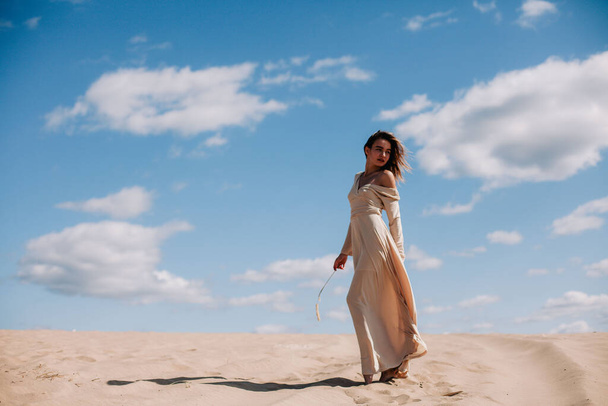 Young, slender girl in beige dress walks in the desert - Foto, Imagem