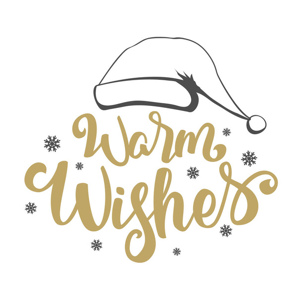 Vector illustration: Handwritten golden elegant modern brush lettering of Warm Wishes with snowflakes and Hand drawn hat of Santa Claus on white background. - Vektör, Görsel
