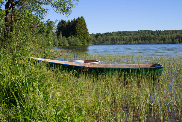 Barcos na margem de um lago de floresta, de pé na grama. - Foto, Imagem
