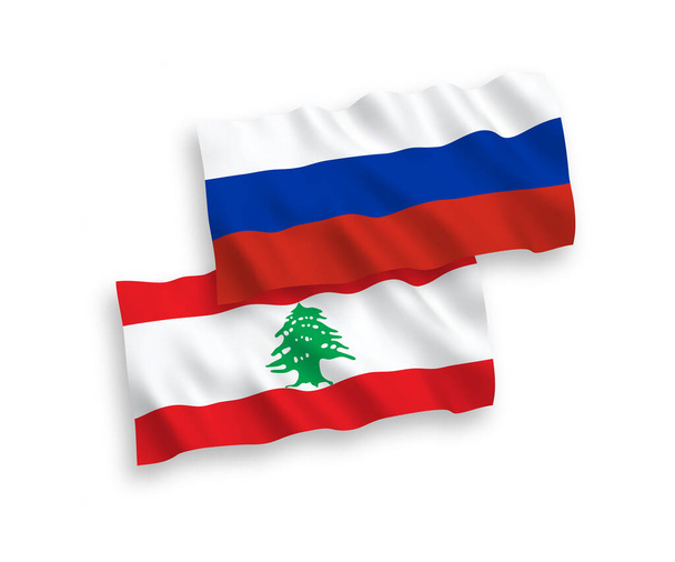 Drapeaux d'ondes de tissu vectoriel national du Liban et de la Russie isolés sur fond blanc. 1 à 2 proportion. - Vecteur, image