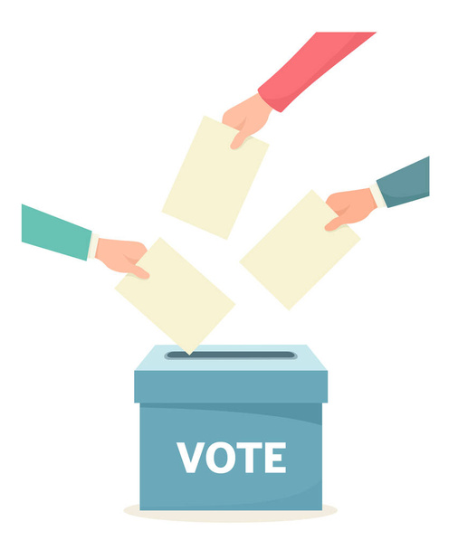 Hands throw votes into the ballot box. Vote. Vector illustration in flat style. - Vector, Image