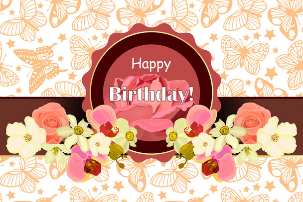 διακοσμητική ευχετήρια κάρτα με χαρούμενα κείμενα γενεθλίων και λουλούδια με πεταλούδες στο παρασκήνιο  - Διάνυσμα, εικόνα