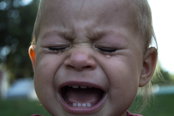 huilende baby in de achtertuin tranen - Foto, afbeelding