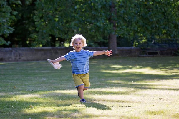 Child, toddler boy, playing in the park, running happily on a sunny day - Photo, Image