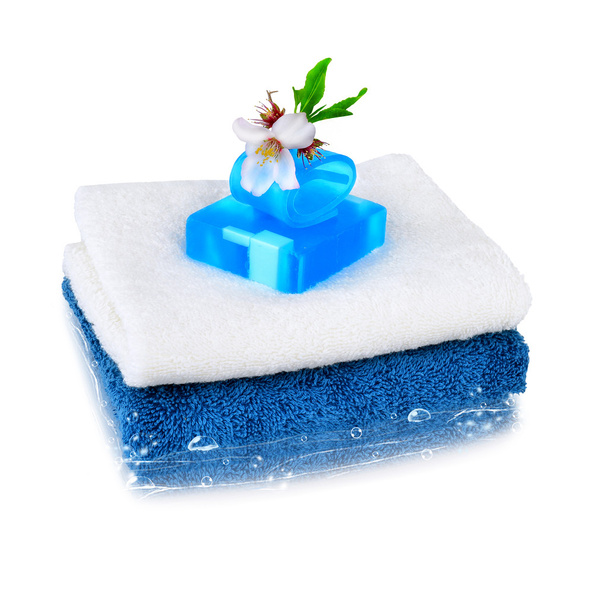 fehér és kék törölköző kék szappan - Fotó, kép
