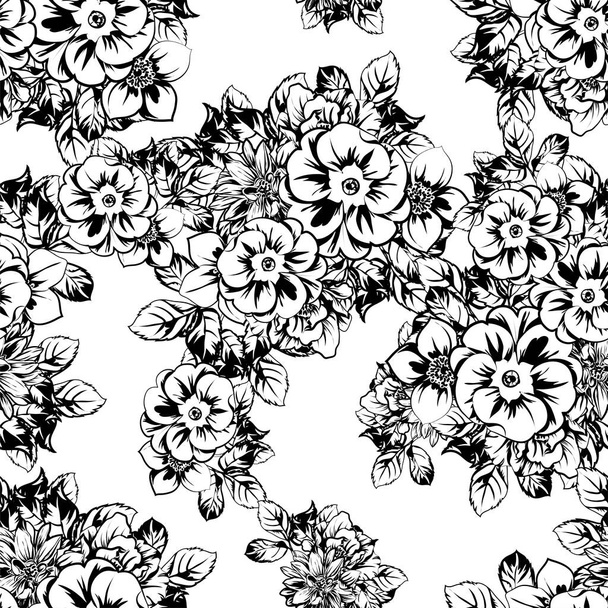 black and white floral seamless background, vector illustration - Vecteur, image