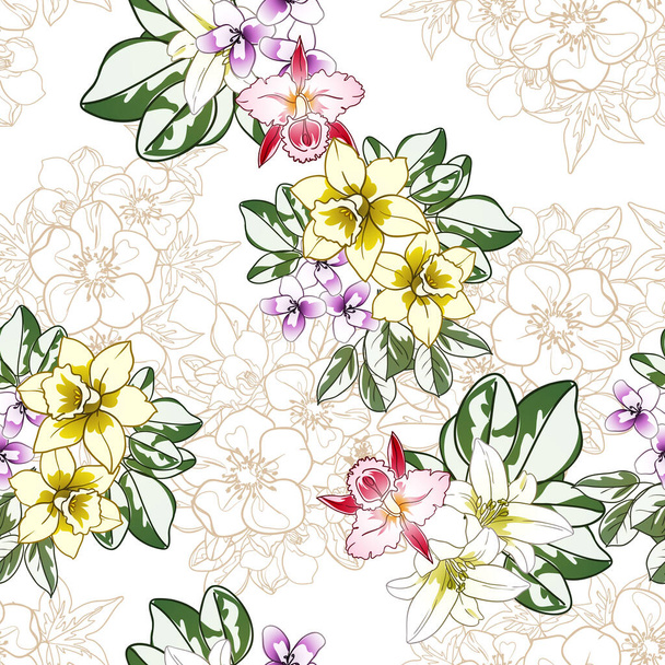 flores de colores patrón sin costura, pétalos, vector de ilustración - Vector, Imagen