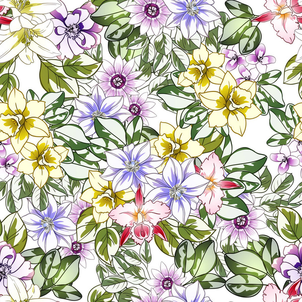 colorful flowers seamless pattern, petals, vector illustration - Διάνυσμα, εικόνα