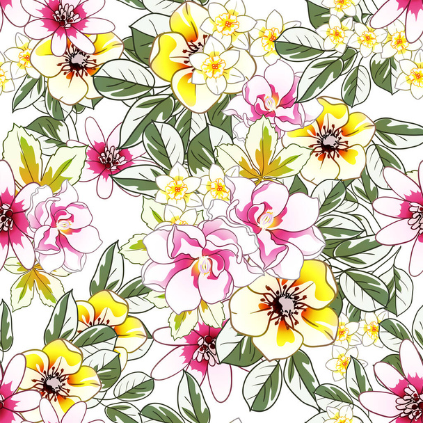 colorful flowers seamless pattern, petals, vector illustration - ベクター画像