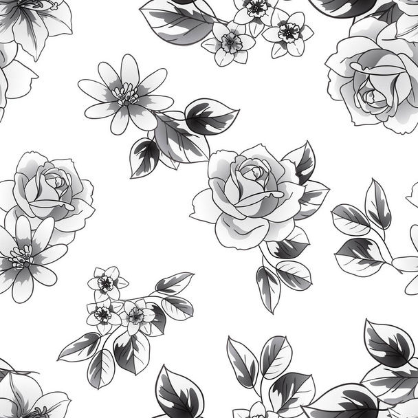 black and white floral seamless background, vector illustration - Vektor, Bild