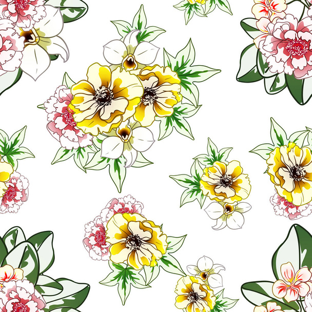 colorful flowers seamless pattern, petals, vector illustration - Vector, Image