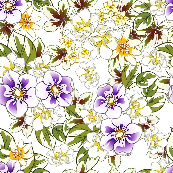 colorful flowers seamless pattern, petals, vector illustration - Вектор,изображение