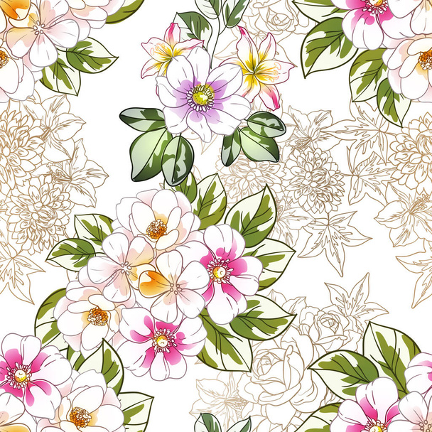 colorful flowers seamless pattern, petals, vector illustration - Vettoriali, immagini