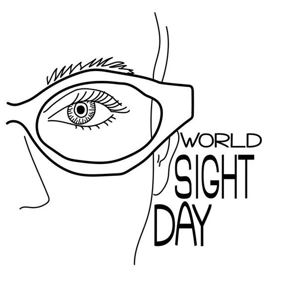 Всемирный день зрелища, часть человеческого лица в очках, человеческий глаз, символическое изображение видения и тематическая надпись, набросок векторной иллюстрации - Вектор,изображение