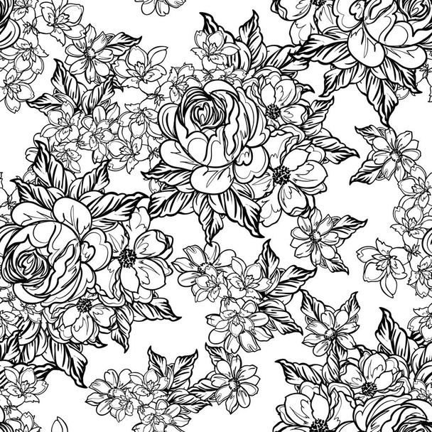 black and white flowers seamless background, vector illustration - Vecteur, image