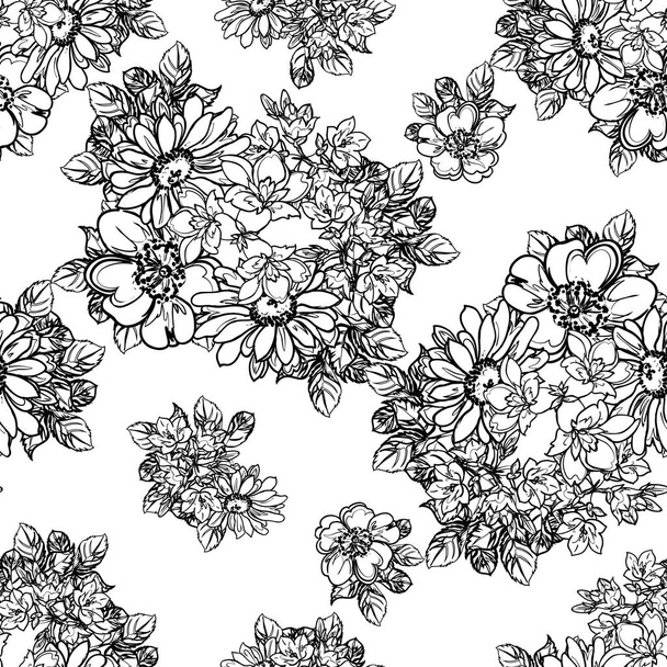 black and white flowers seamless background, vector illustration - Vecteur, image