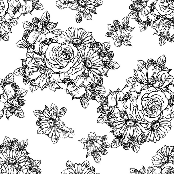 black and white flowers seamless background, vector illustration - Vector, Imagen