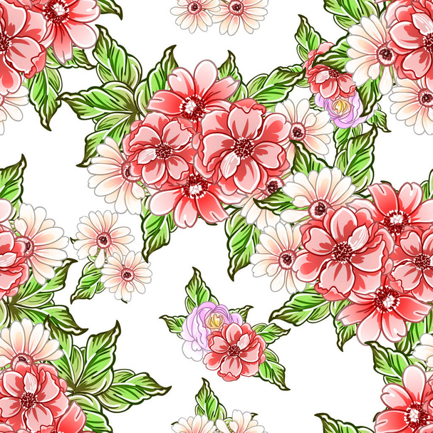 colorful flowers seamless pattern, petals, vector illustration - Vetor, Imagem