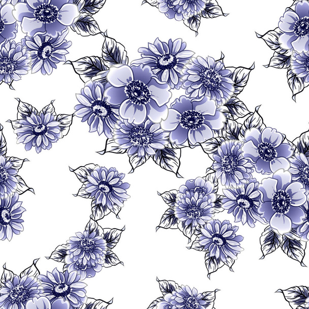Seamless blue monochrome vintage style flowers pattern - Vector, Image