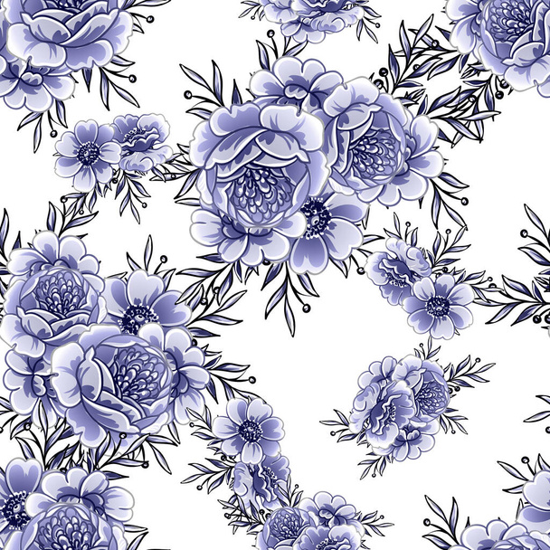 Seamless blue monochrome vintage style flowers pattern - Vektör, Görsel