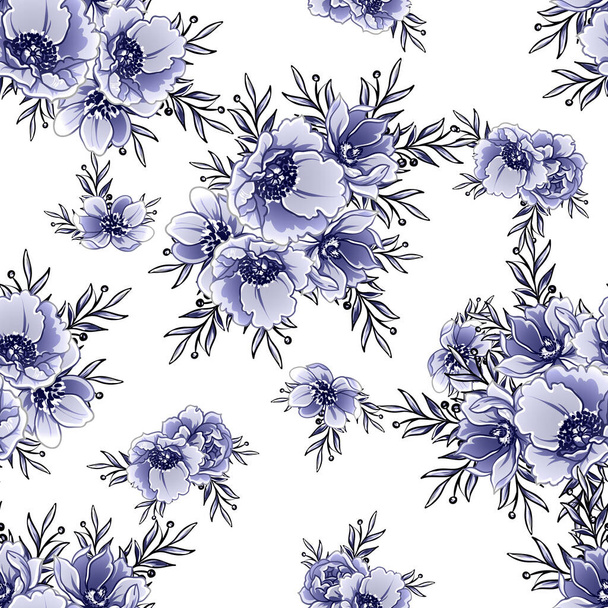 Seamless blue monochrome vintage style flowers pattern - Vector, Image