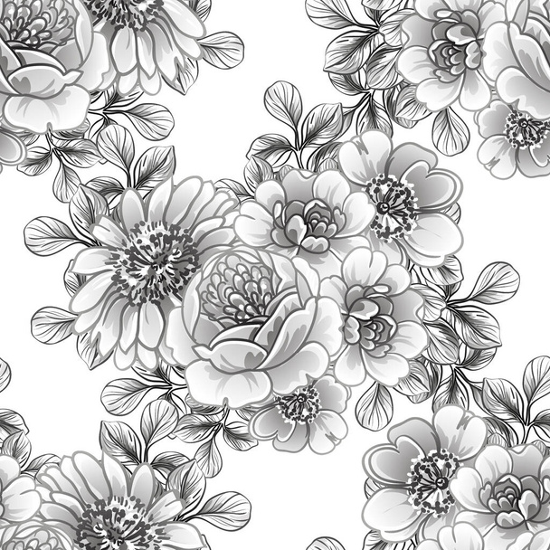 black and white floral seamless background, vector illustration - Vetor, Imagem