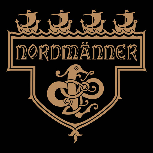 Diseño nórdico antiguo. Marco en estilo escandinavo. Drakkars flotan en el mar, el Dragón y la inscripción en alemán Nordmanner-Northern man. - Vector, imagen