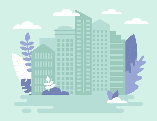 Construction, Building And Sale Real Estate, Property Concept. Residential Complex , Skyscrapers In Big City. Composotion In Pale Green And Violet Colors. Cartoon Vector Illustration In Flat Style - Vector, Image
