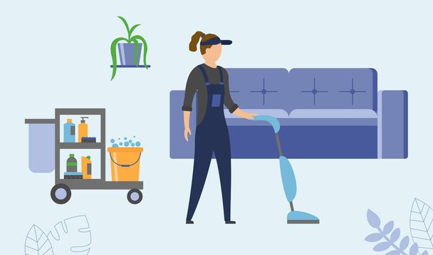 House Cleaning Service Concept. Female Character Dressed In Overall Doing Housework, Vacuuming Carpet. Cart With Cleaning Tools, Bucket With Soapy Water Stands Behind. Flat Style Vector Illustration - Vector, Image