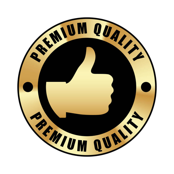 Premium kwaliteit badge met duim omhoog, zwart goud metallic logo - Vector, afbeelding