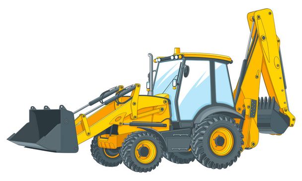 Tractor amarillo con opciones adicionales. Ilustración vectorial sobre fondo blanco. - Vector, Imagen