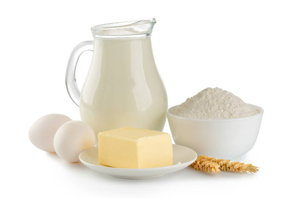 jug of milk and dairy milk products ingredients isolated on white background - Φωτογραφία, εικόνα