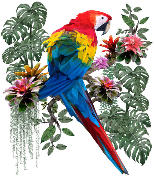 Ilustración poligonal del pájaro guacamayo escarlata y las plantas del bosque amazónico con fondo blanco. - Foto, imagen
