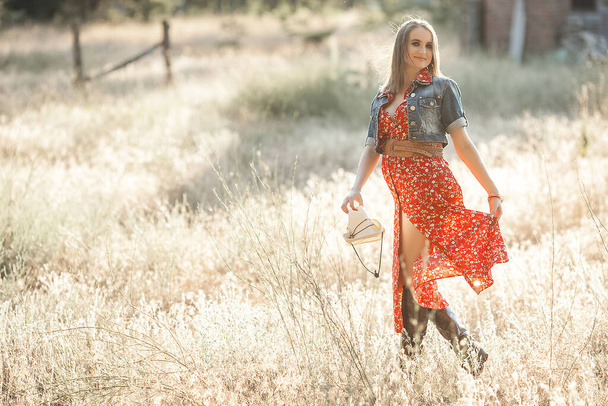 Attractive young pregnant woman country style. Female outdoors at summer - Photo, Image