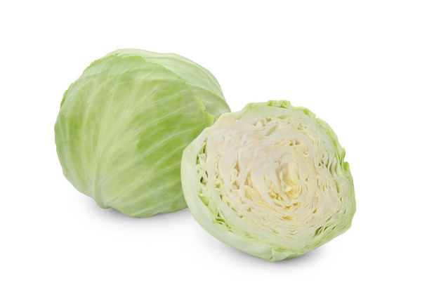 Whole and cut fresh ripe cabbages on white background - Фото, зображення