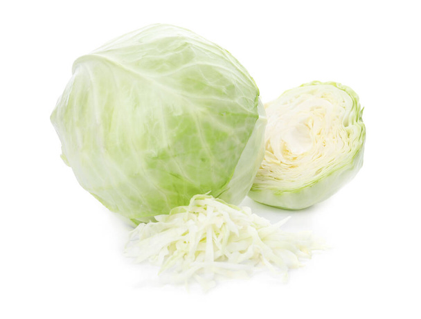 Whole and cut fresh ripe cabbages on white background - 写真・画像