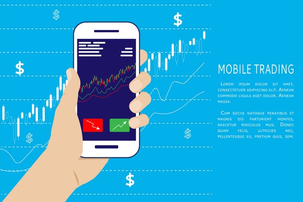  Miehen kädessä on älypuhelin, jossa on kaupparekisterit. Käsite mobiili verkkokaupan, pörssikaupan, osakemarkkinoiden analyysi, liiketoiminta ja investoinnit, pörssi. Vektorikuvitus. Levyteräs - Vektori, kuva